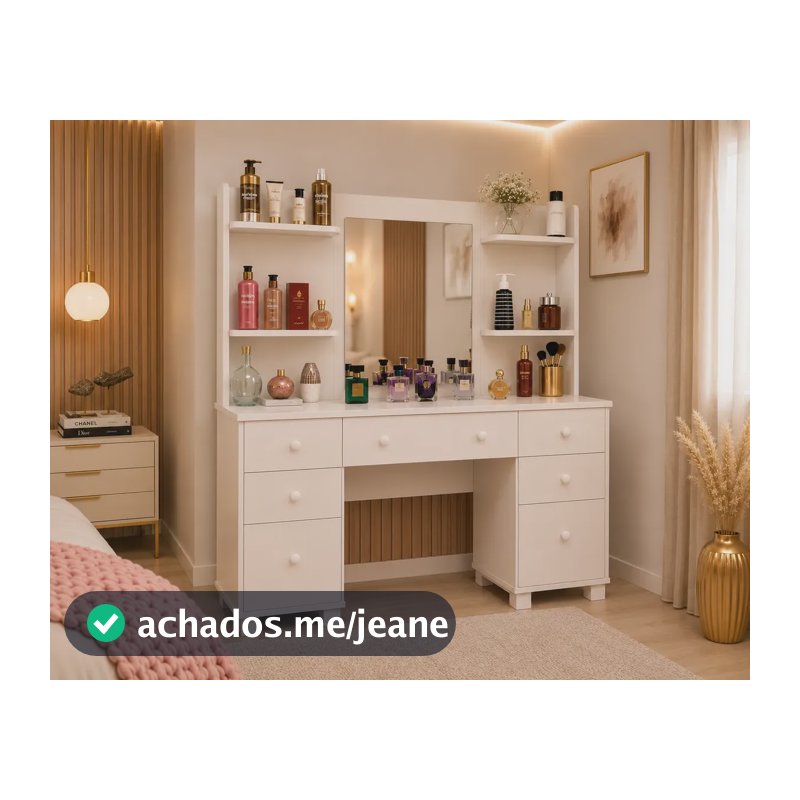 Penteadeira Camarim Branca 5 Gavetas Com Espelho Central Branco