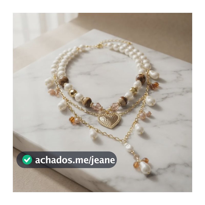 Colar Duplo Feminino Com Pérolas E Pingente Coração Dourado Dourado