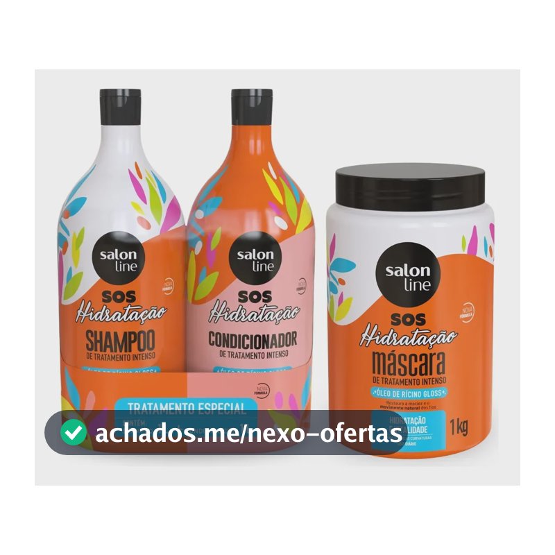 Kit Shampoo E Condicionador 1l + Máscara 1kg Sos Hidratação com Óleo de Rícino Linha de Tratamento Cabelos Danificados
