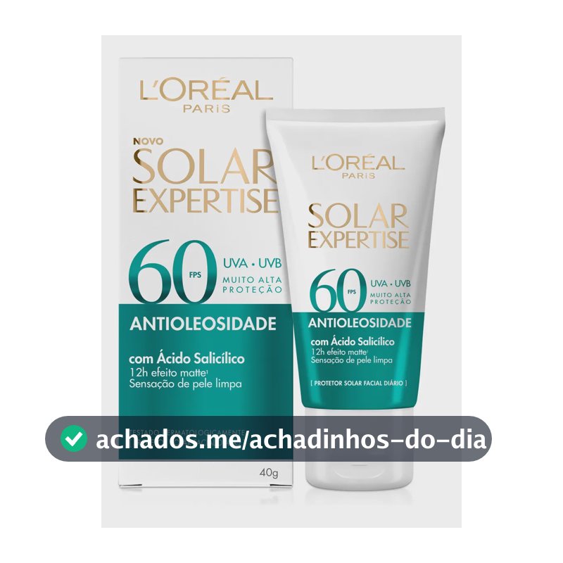 Protetor Solar Facial Antioleosidade FPS60, Controle de Oleosidade por 12h, Efeito Matte Sem Cor, Solar Expertise L'Oreal Paris, 40g