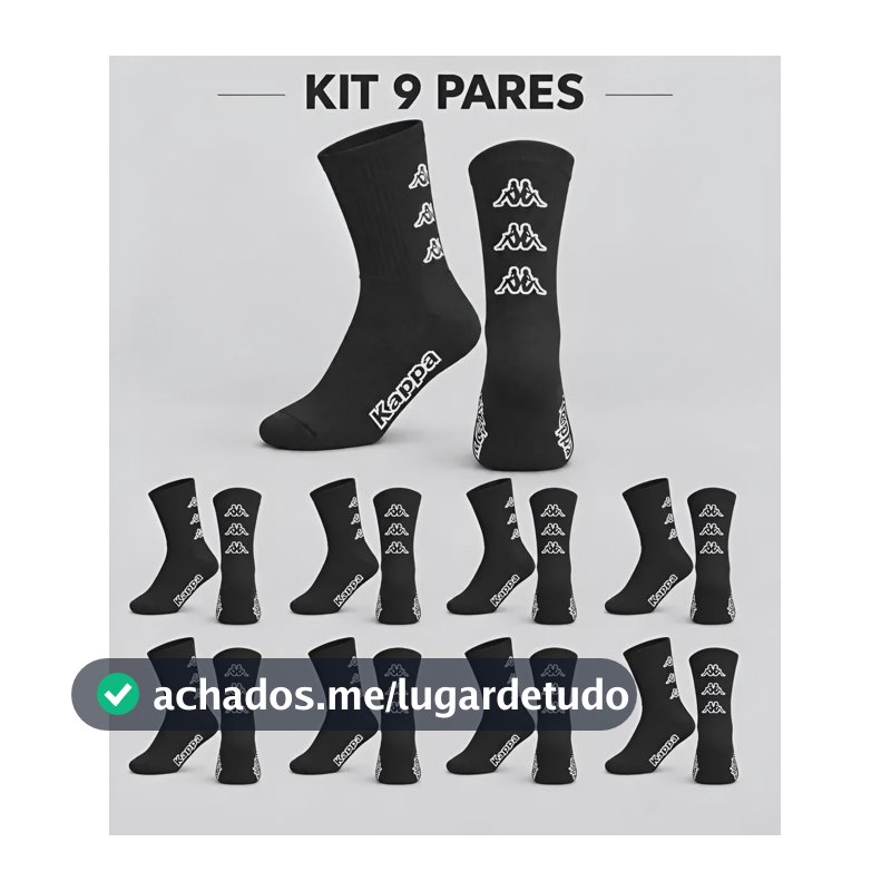 Kit 9 Pares Meias Kappa Algodão Cano Médio Conforto Original Preto 34-38
