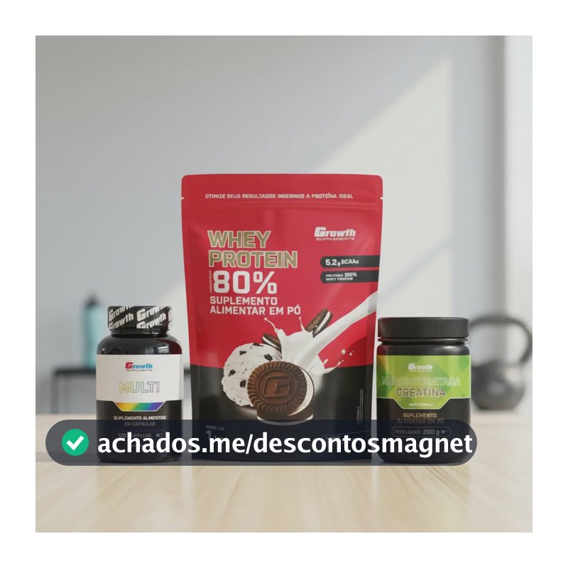 Kit Growth: Whey Protein Cookies And Cream 1kg + Multivitamínico 120 Cáps + Creatina 250g