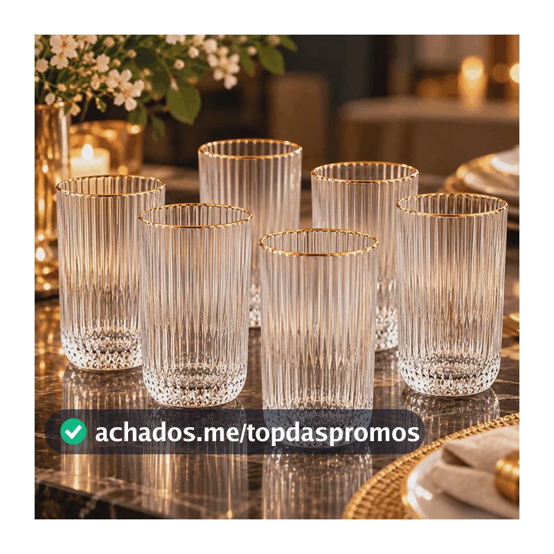 Jogo 6 Copos De Vidro 420ml Canelado Com Borda Dourada Branco
