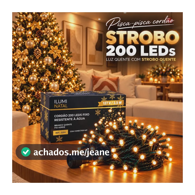 Cordão Strobo Pisca Pisca Natal Blindado 20m 200 Leds P/ Árvore Natal Decoração Shopping Prova D'água Ip44 Fio 1.8mm Lph 20 Metros Contínuos Conexão Macho Fêmea Branco Quente Strobo Quente 110v