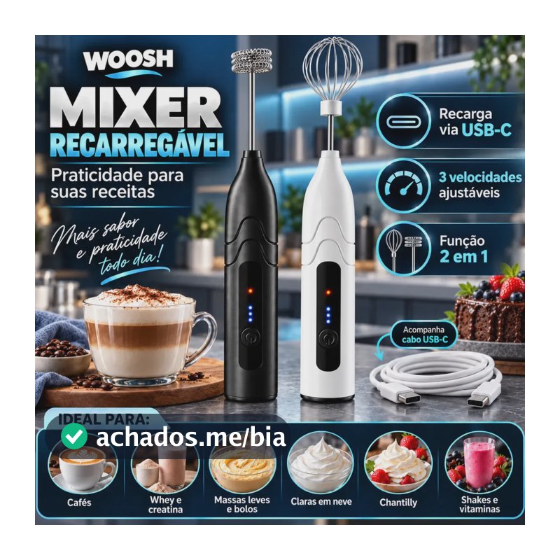 Mixer Elétrico Portátil 2 em 1 Recarregável Potente Misturador de Bebidas e Ovos 3 Velocidades Usb Batedor e Fue Fouet Woosh