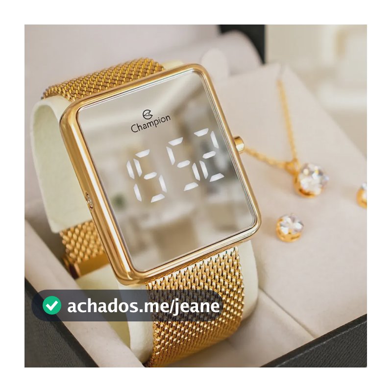 Relógio Feminino Champion Dourado Espelhado Kit Colar Brinco Dourado Espelhado