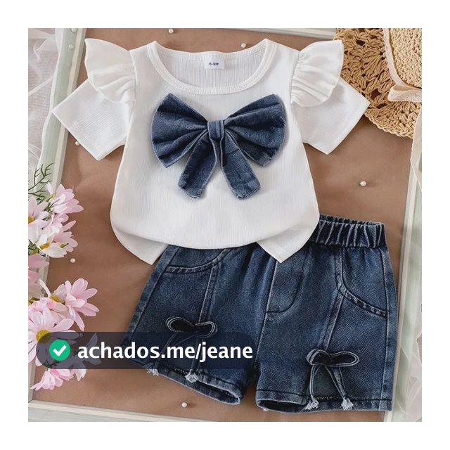 Conjunto 2 Peças Infantil Blusa E Short Jeans Bebê Branco 9-12m
