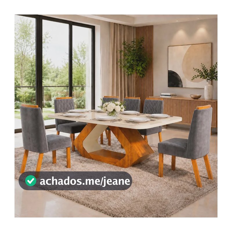 Sala De Jantar 160x80 Lottus Mdf/vidro 6 Cadeiras Bom Pastor Base Naturale Cadeiras Cinza Cotton