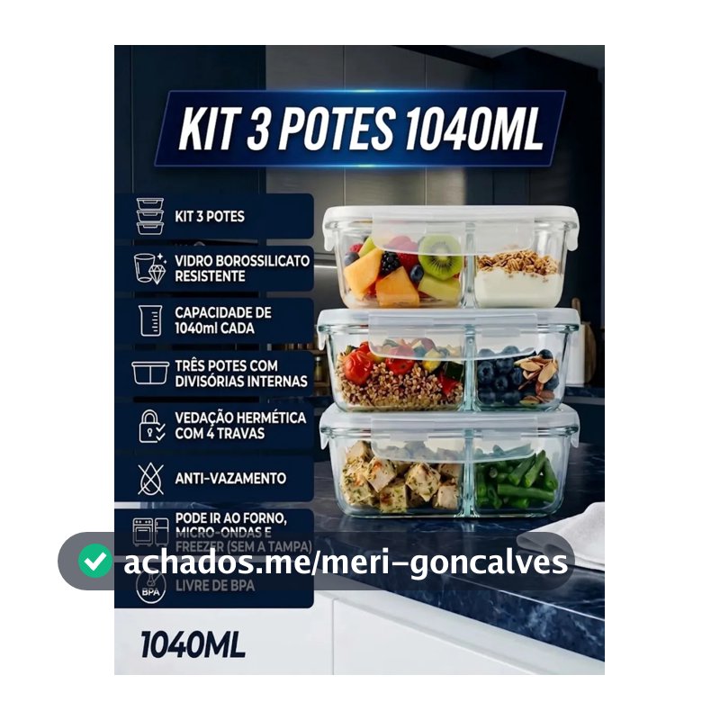 Kit 3 Potes de Vidro 1040ml com Divisória e Tampa Hermética Borossilicato Pítia