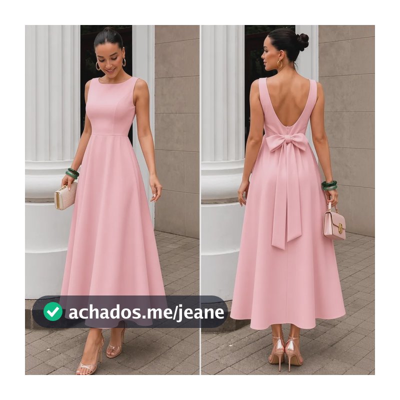 Vestido Longo Feminino Decote Canoa E Laço Alfaiataria Luxo Rosa Liso G