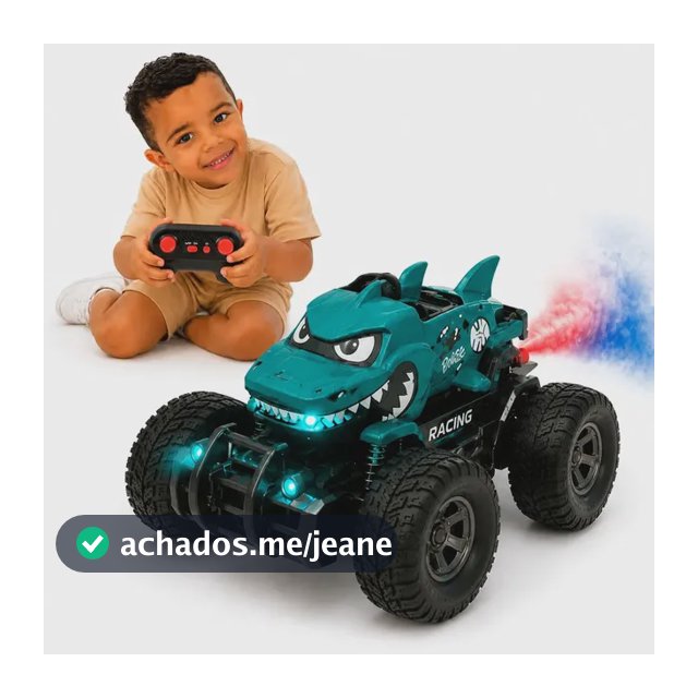 Carrinho de Controle Remoto Brinquedo Off Road Tubarão Led Solta Fumaça 2.4Ghz Shark Attack Verde