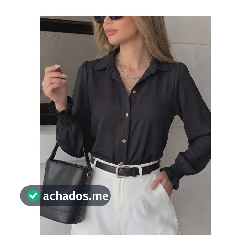 Camisa Feminina Social Manga Longa Bufante Lastex Crepe Duna Preto Liso G