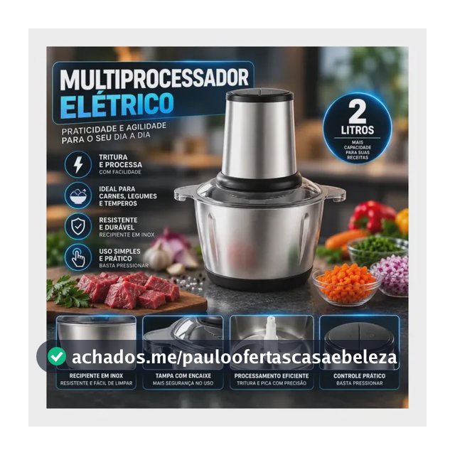 Multiprocessador Elétrico 2L 400W Inox Triturador Picador de Alimentos para Carne Legumes Alho Temperos Cozinha Hardline