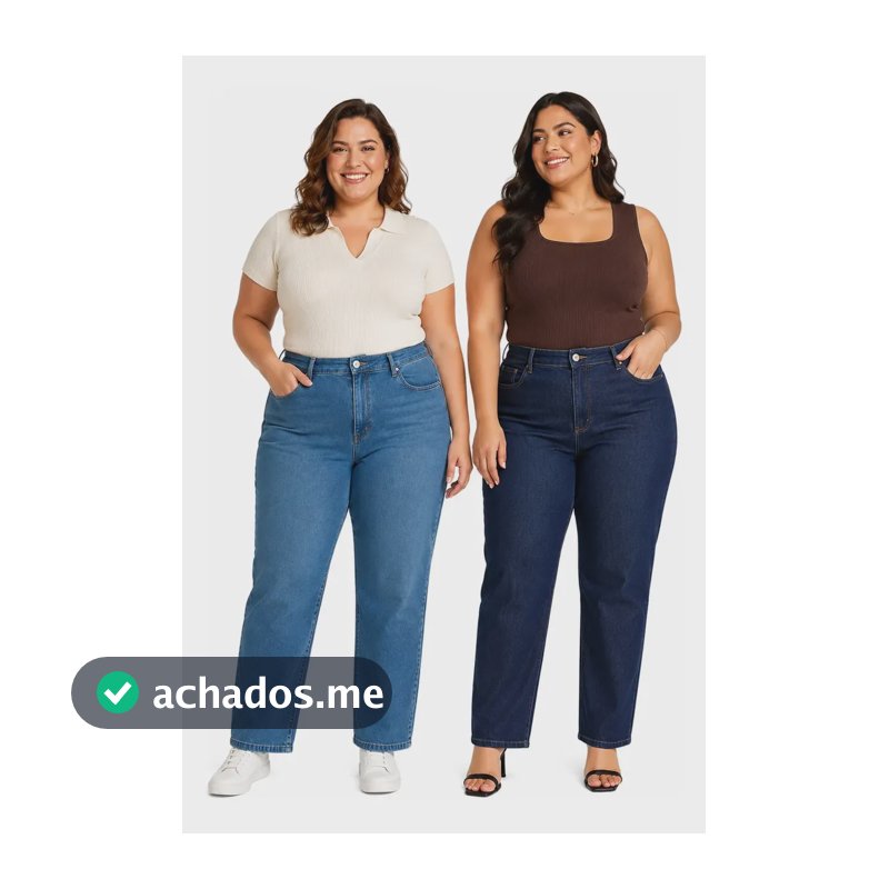 Kit 2 Calça Jeans Feminina Plus Size Cintura Alta Perna Reta Azul Clara Azul Escura Liso 52