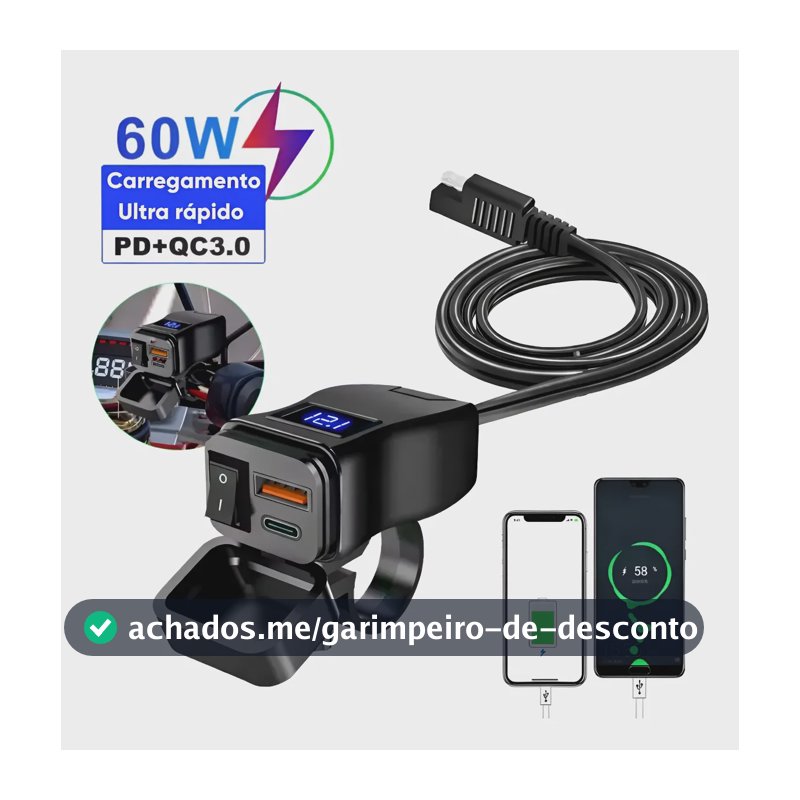 Carregador De Celular Para Moto Usb 3.0 Turbo Prova D'agua