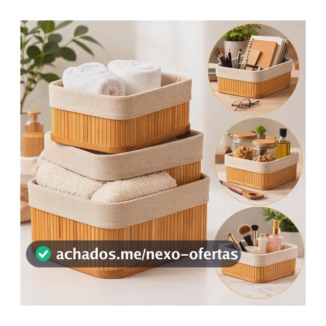 Kit 3 Cestos Organizadores de Bambu Retangulares com Forro Lavável Multiuso Organizar Casa Banheiro Cozinha Guarda-Roupa Lavanderia Armazenamento de Objetos - Nany Pink