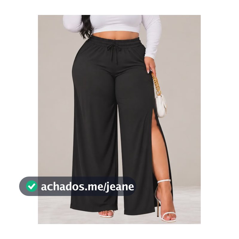 Calça Wide Leg Plus Size Feminino C/ Fenda Cintura Alta Fler Preto 52
