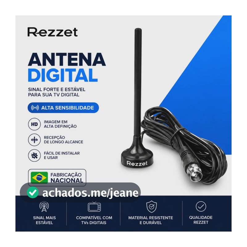 Antena Sinal Digital 4k Smart Tv Interna Externa Led Lcd Amplificador Hdtv Uhf Com Cabo Longo E Base Magnética Rezzet
