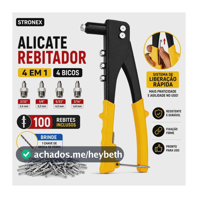 REBITADOR MANUAL REBITADEIRA DE ALICATE 4 BICOS REBITE ALICATE DE REPUXO ALUMÍNIO KIT 100 REBITES UNIVERSAL PROFISSIONAL STRONEX