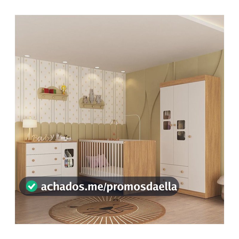 Quarto de Bebê Completo com Berço 3 em 1 para Colchão 130x60cm Brisa Multimóveis MP4525 Madeirado/Branco