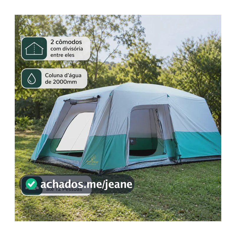 Barraca Camping Acampamento 6 a 12 Pessoas Família Grande 2 Ambientes com Divisória Guepardo Titan Verde e Cinza