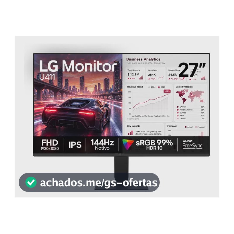Monitor LG FHD Gamer & Office tela IPS 27”, 1ms (MBR), 144Hz Nativo, FreeSync, HDR10, sRGB, Modo leitura, Flicker Safe, HDMI, Black Stabilizer, Dynamic Action Sync, Preto - 27U411B