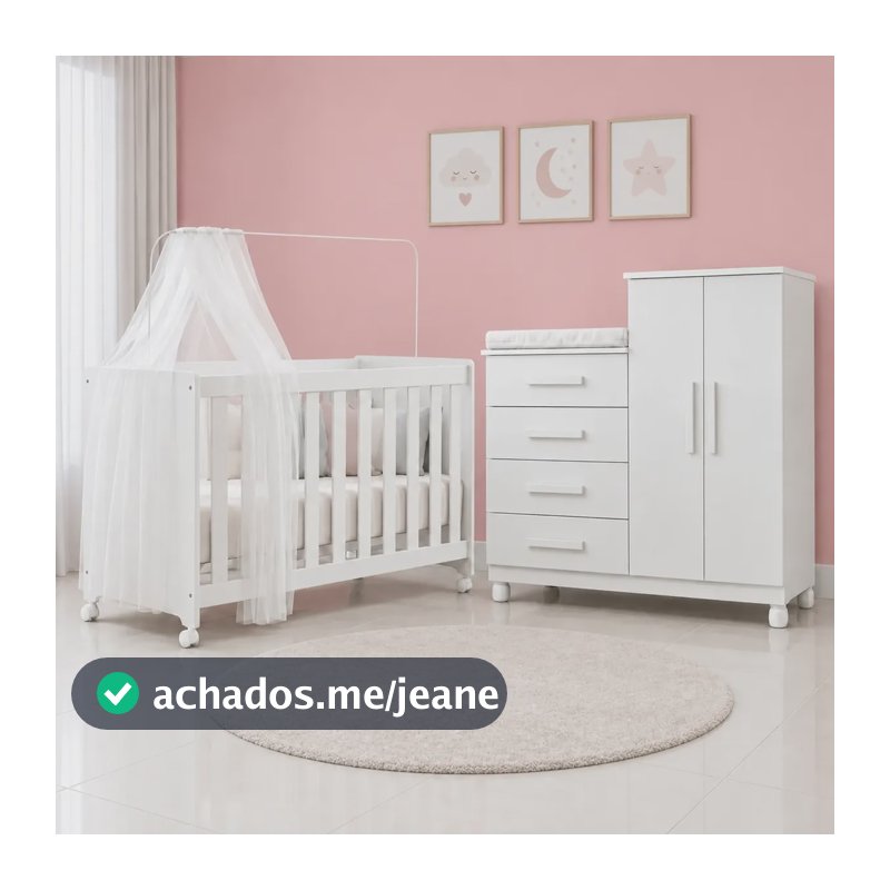 Kit Quarto De Bebê Berço Americano Retrô Com Colchão + Cômoda Isabela 4 Gavetas E Trocador Branco