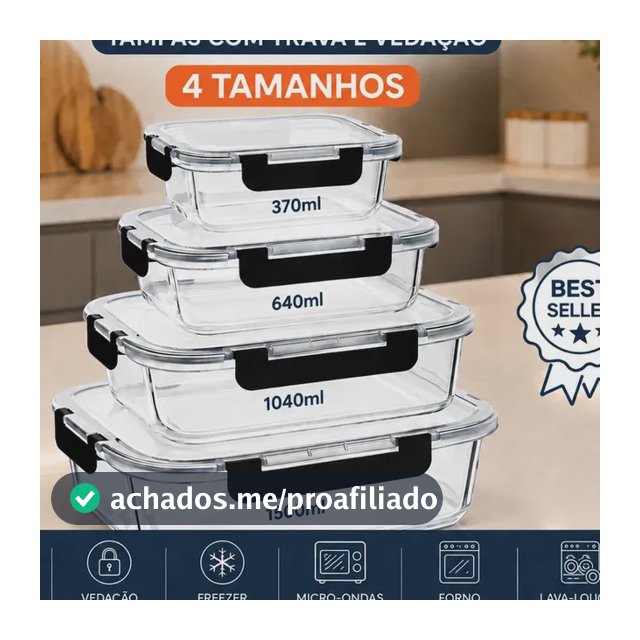 Kit 4 Potes De Vidro Hermético Marmita Vários Tamanhos