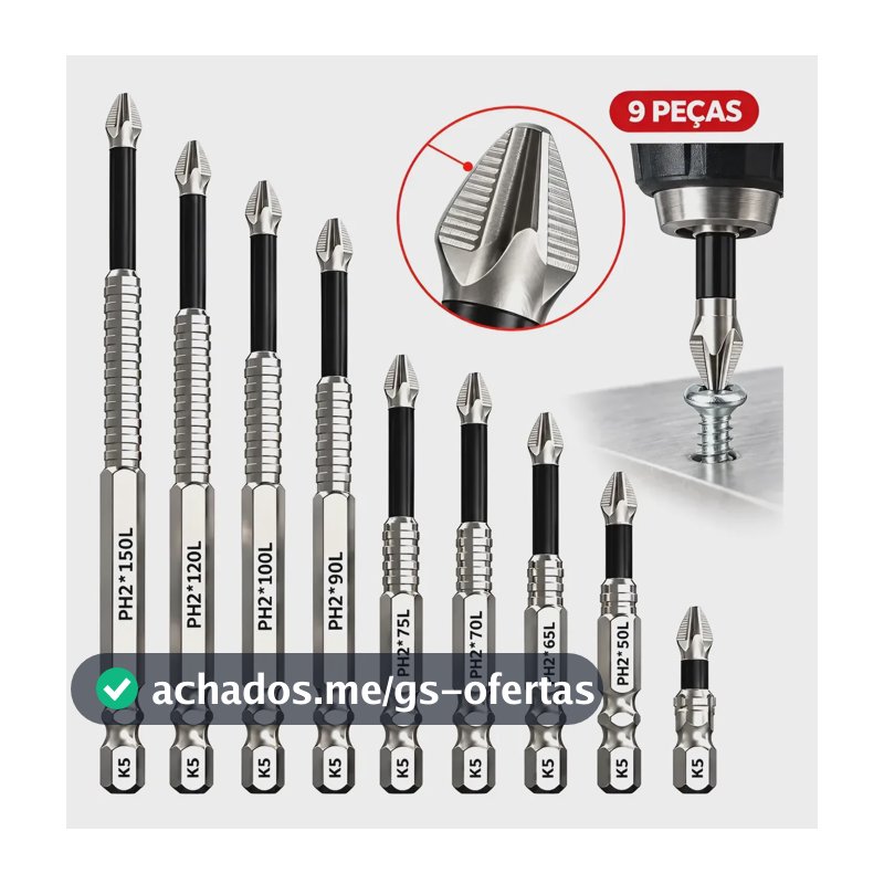 Kit 9 Bits Philips Ph2 Antiderrapante Para Parafusadeira