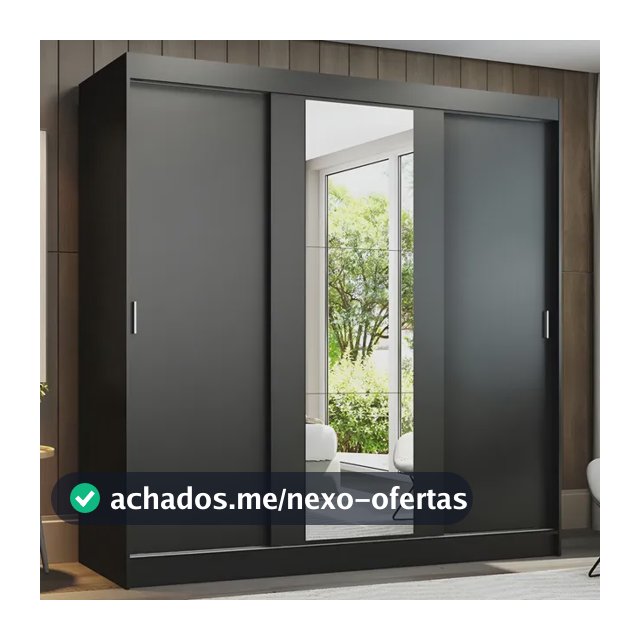 Guarda-roupa Casal Madesa Reno 3 Portas Correr Com Espelho P Cor Preto