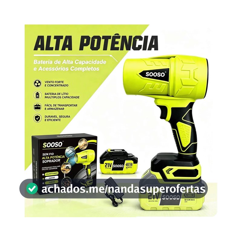 Sooso Soprador de Ar Potente 21V Sem Fio a Bateria Portátil para Secagem Automotiva Limpeza Casa Jardim Folhas Eletrônicos