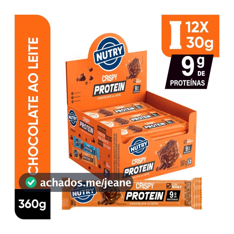 Barra de Proteínas Nutry Crispy Protein Chocolate ao Leite 30g - Display Com 12 Unidades - Com Whey e 9g de Proteínas