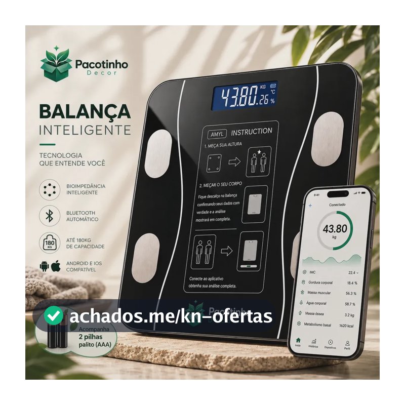 Balança Digital Smart Bioimpedância 180kg Bluetooth IMC Corporal App Android iOS Pacotinho Decor