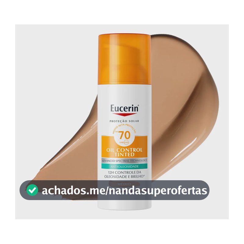 EUCERIN Protetor Solar Facial Oil Control Cor Média FPS 70 50ml, Antioleosidade, Proteção UVA, UVB e Luz Visível, Pele Oleosa