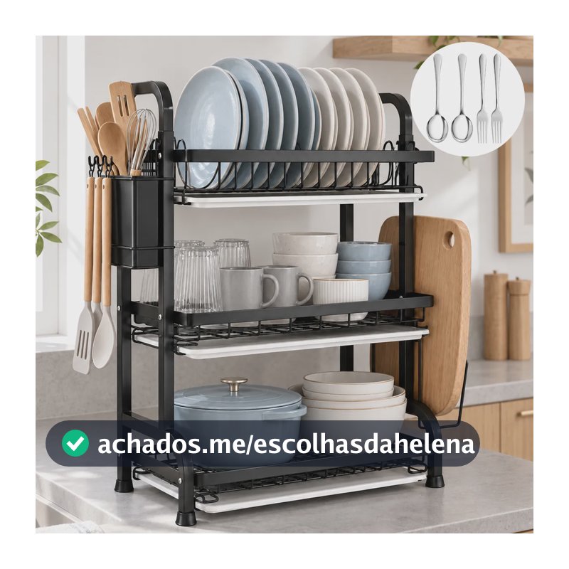 Escorredor De Louças 3 Andares Com Porta Talheres Hikuca Preto