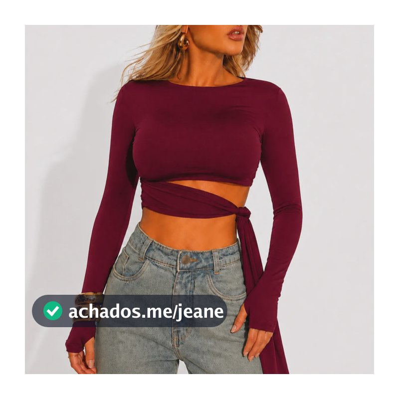 Blusa Cropped Feminina Manga Longa Amarracao Poliamida Moda Vinho Liso P
