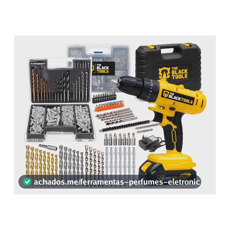 Parafusadeira E Furadeira Impacto Tb-21pz The Black Tools 2 Baterias 21v 3/8 Com Jogo De Brocas Bits E Buchas 300 Peças