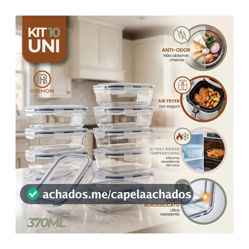 Kit 10 Pote De Vidro Marmita Hermético 370ml Freezer Fitness Rishon