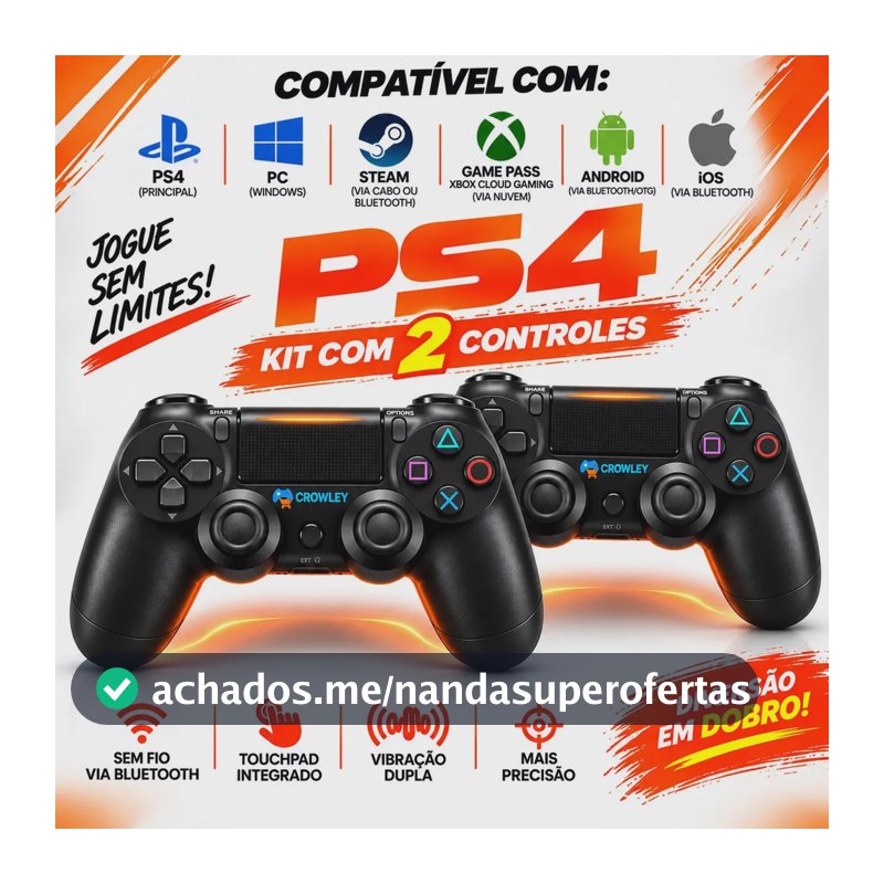 Kit 2 Controles Sem Fio Bluetooth Para Ps4 Videogame Gamepass Steam Tv Smart Gamer Celular Joystick Manete - Crowley