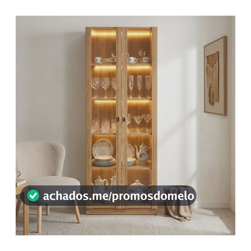Cristaleira 2 Portas De Vidro 4 Prateleiras Com Led Cr6605 Amêndoa