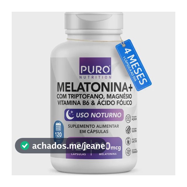 Melatonina + (Alta Concentração) 210 mcg Puro Nutrition – Com Triptofano, Magnésio, Ácido Fólico e Vitamina B6 – 120 Cápsulas