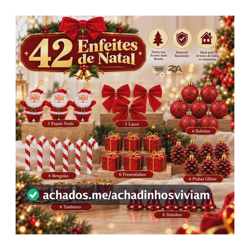 Kit 42 Enfeites Natalinos Vermelhos para Árvore de Natal
