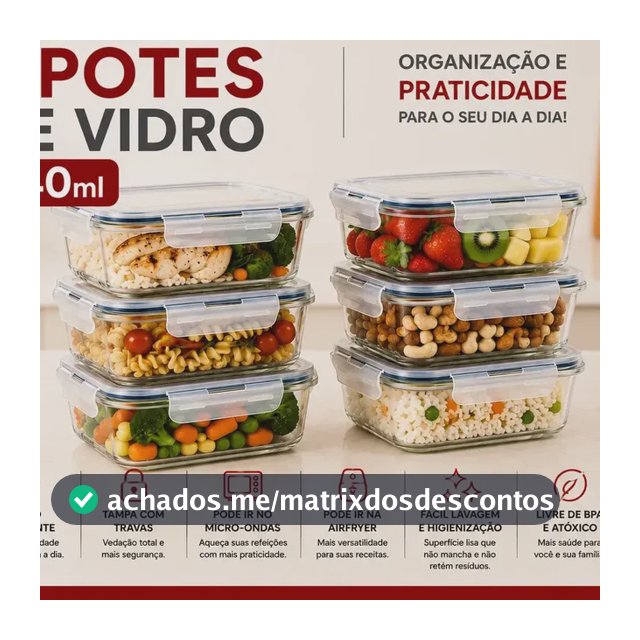 Kit 6 Potes 640ml Vidro Hermético 4 Travas Marmita Refratario Star House com 4 travas de super vedação