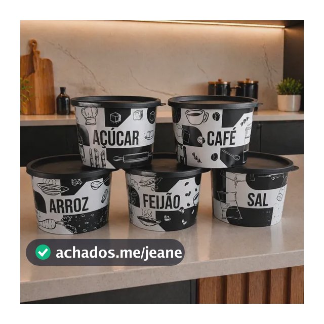 Kit Porta Mantimentos 5 Peças  Redondo Com Decoração 1,5 Lt Preto