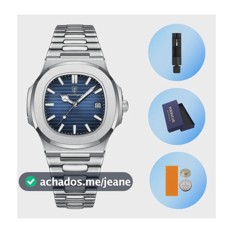 Relógio Poedagar Oldmoney Aço Inox Prata Social Luxo Premium Prateado Azul