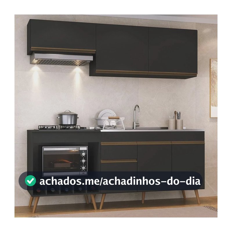 Armário Cozinha Modulada Compacta c/ Gabinete p/ Pia e Balcão p/ Cooktop Veneza Multimóveis MP3775 Preto/Dourado