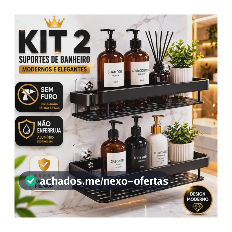 Kit 2 Suportes Organizadores p/ Banheiro Adesivo de Metal Preto