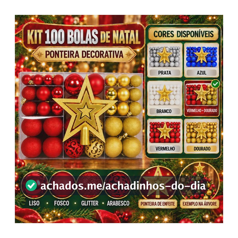 Kit 100 Bolas Natal Lisas/foscas/glitter C/ Ponteira Enfeite Vermelho E Dourado