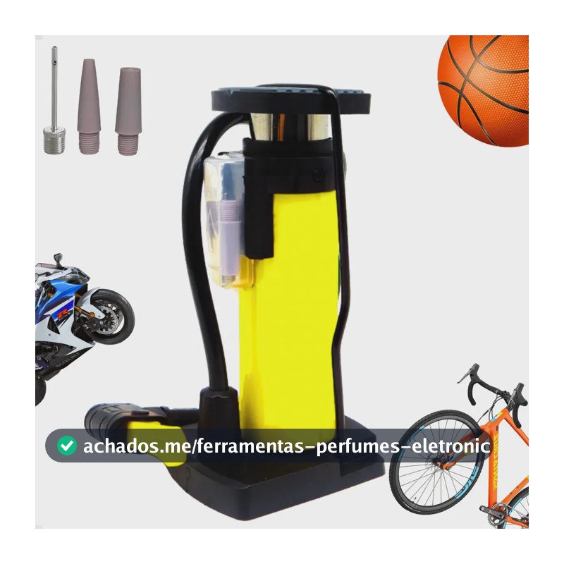 Bomba de Ar com Pedal Premium Profissional Mini Compact Reversível com 3 Bicos para Encher e Calibrar Pneus de Carro Moto Bicicleta Bike Bolas Balões Boias e Colchões Infláveis