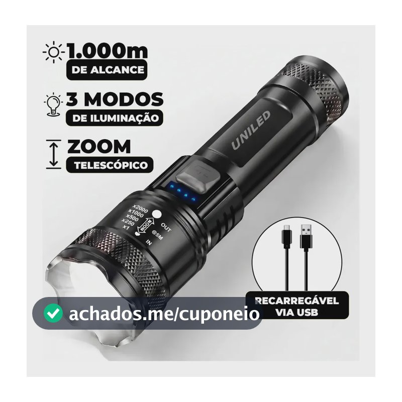 Lanterna Militar Tatica LED Mais Forte do Mundo 1000m Potente Zoom Telescópico Alto Brilho Resistente Agua Sitio Fazenda UNILED